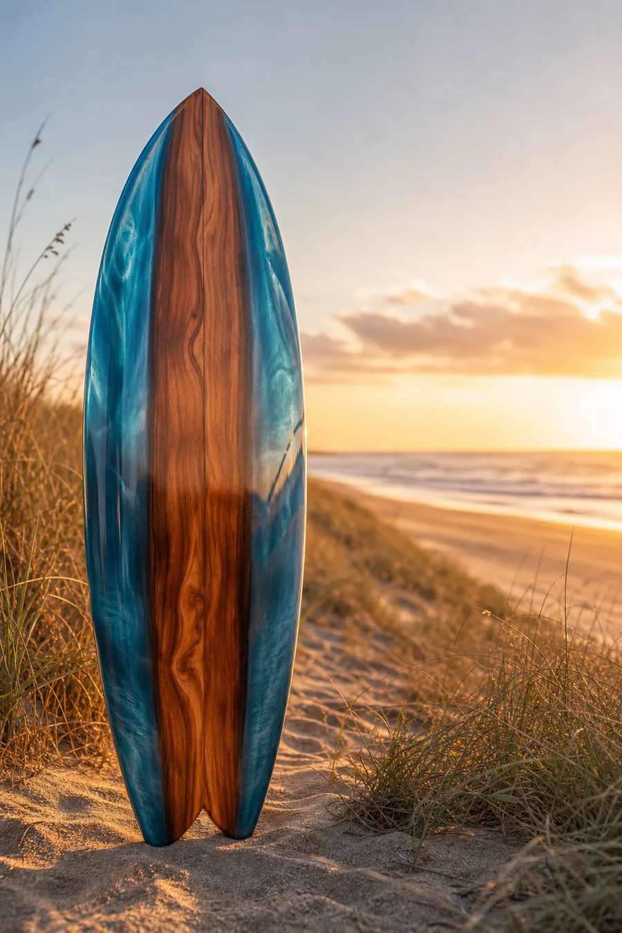 A custom surfboard with blue resin tint standing in beach dunes at sunset