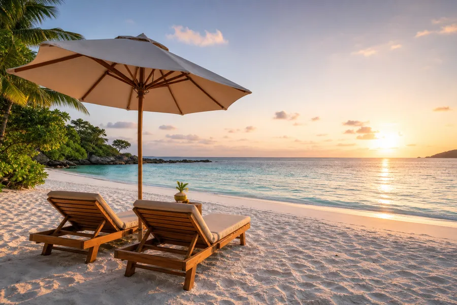 Beach lounge chairs under an umbrella at a sunset shoreline
